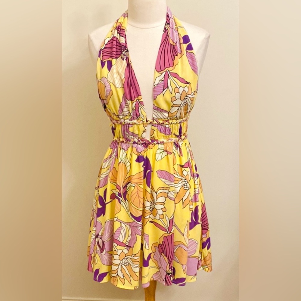 ILLA ILLA Yellow Purple Floral SZ L Boho Chic Festival Halter Empire Mini Dress